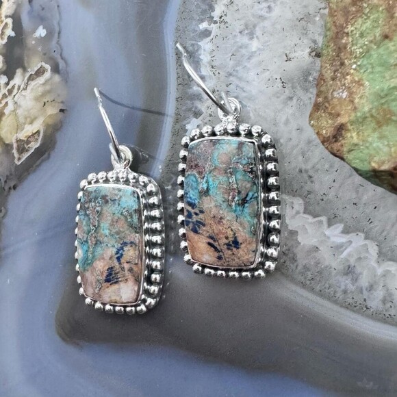 Sterling Southwestern Style Rectangle Shattuckite Dangle Earrings For Women - Picture 6 of 10